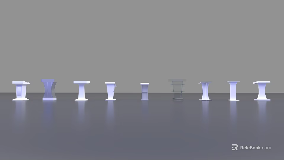 White Display Pedestals With Various Designs On Gray Reflective Surface 3d model
