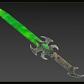 Fantasy Glowing Sword With Green Blade Black Ornate Hilt And Brown Leather Handle