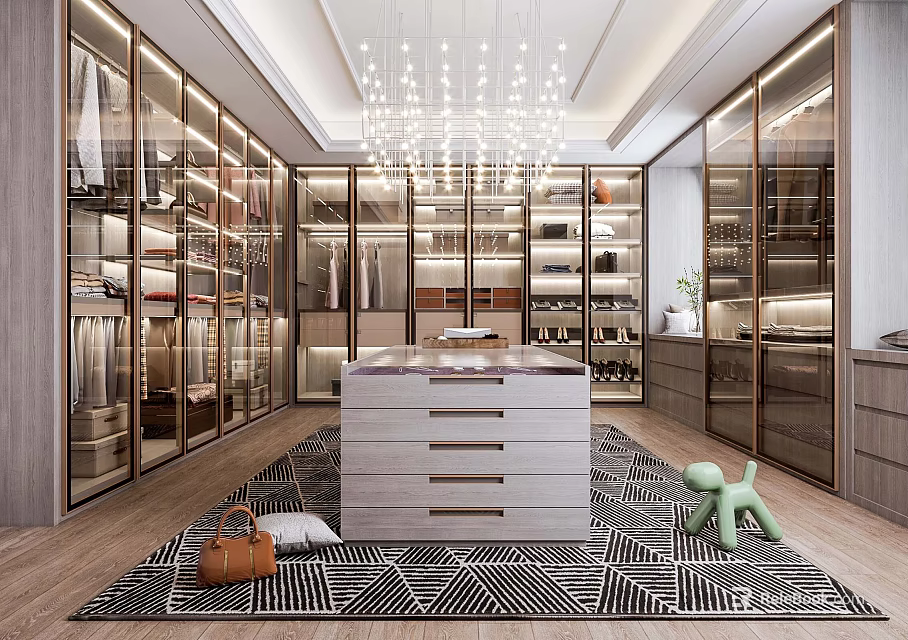 Modern Walk-in Closet With Glass Door Storage Cabinets Central Drawer Unit Hanging Chandelier And Patterned Rug 3d model 