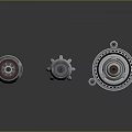 Three Metallic Mechanical Components With Gear Circular Structure And Industrial Design
