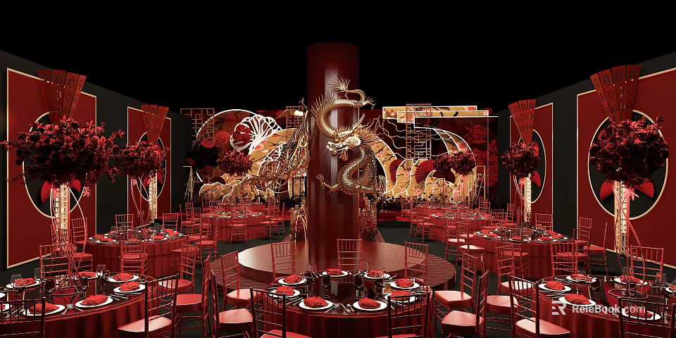 Elegant Red Banquet Hall Decorated With Golden Dragon Circular Ornaments Round Tables And Red Chairs 3d model 