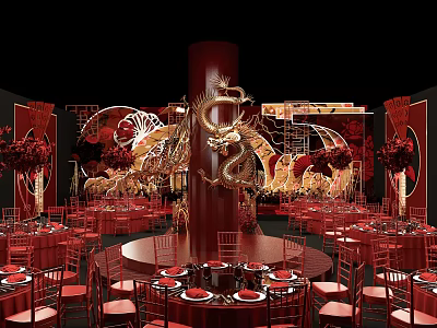 Elegant Red Banquet Hall Decorated With Golden Dragon Circular Ornaments Round Tables And Red Chairs 3d model