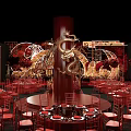 Elegant Red Banquet Hall Decorated With Golden Dragon Circular Ornaments Round Tables And Red Chairs