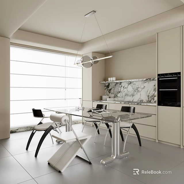 Modern Restaurant Interior With Glass Dining Table Black Chairs And Hanging Light Fixture 3d model 