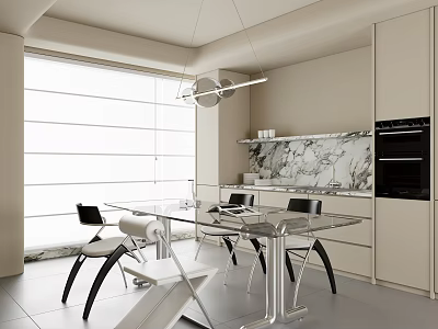 Modern Restaurant Interior With Glass Dining Table Black Chairs And Hanging Light Fixture 3d model