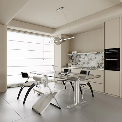 Modern Restaurant Interior With Glass Dining Table Black Chairs And Hanging Light Fixture 3d model