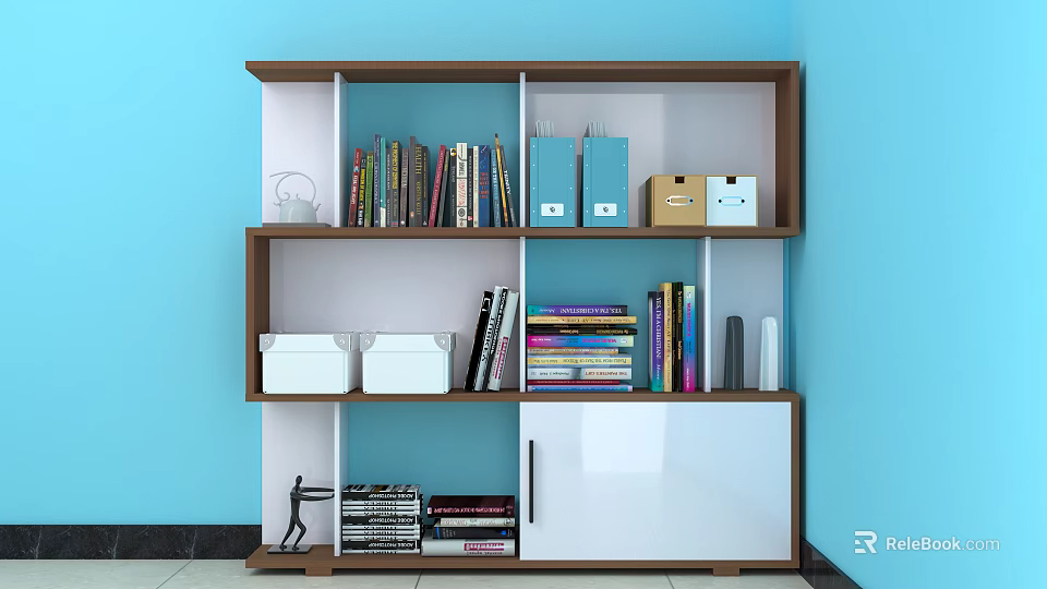 Modern Bookcase With Books Blue Folders Brown Boxes And White Storage Boxes 3d model