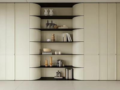 Modern Minimalist Bookcase Interior With Curved Beige Multi Tiered Shelves And Decorative Items 3d model