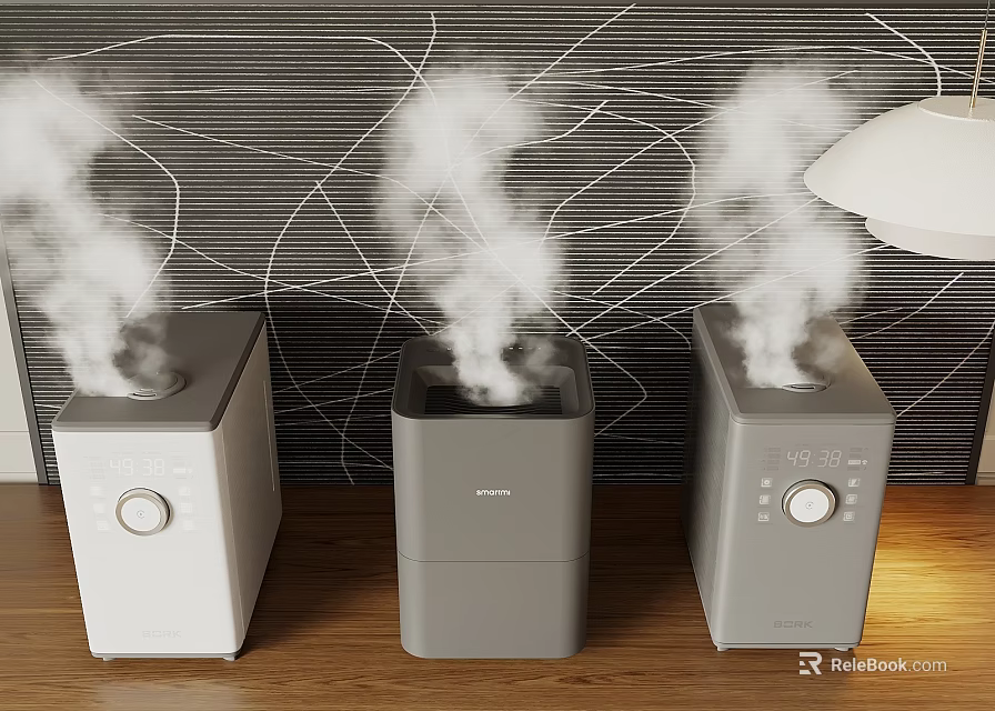 Three Smart Humidifiers Releasing Steam In Modern Room With Wooden Floor And Line Patterned Wall 3d model 