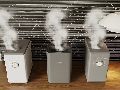 Three Smart Humidifiers Releasing Steam In Modern Room With Wooden Floor And Line Patterned Wall 3d model