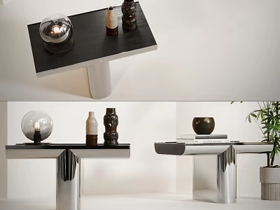 Modern Accent Table With Black Top And Metal Legs Decorated With Sculptures And Vases 3d model