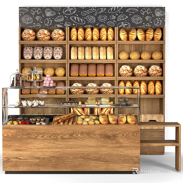 Commercial Bakery Equipment With Wooden Shelves And Display Counter For Breads 3d model 