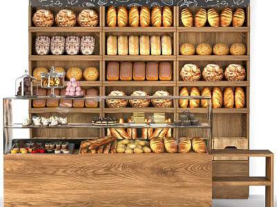 Commercial Bakery Equipment With Wooden Shelves And Display Counter For Breads 3d model