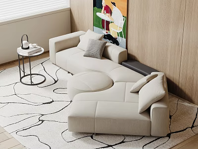 Beige L shaped Sectional Sofa In Living Room With Area Rug Side Table And Artwork 3d model
