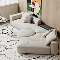 Beige L shaped Sectional Sofa In Living Room With Area Rug Side Table And Artwork