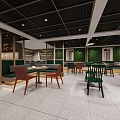 Contemporary Restaurant Interior With Green Walls Red Chairs Dining Tables And Ceiling Lights
