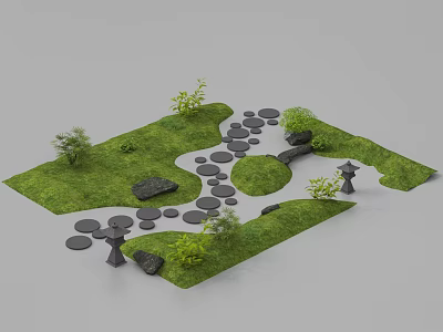 Garden Landscape Design With Winding Stone Path Green Grass and Stone Lanterns 3d model