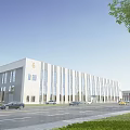 Modern Industrial Factory Building With Large Windows Surrounding Greenery And Parking Area