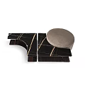 Modern Coffee Table With Circular Padded Top Black Marble Surface Golden Veins And Wooden Base