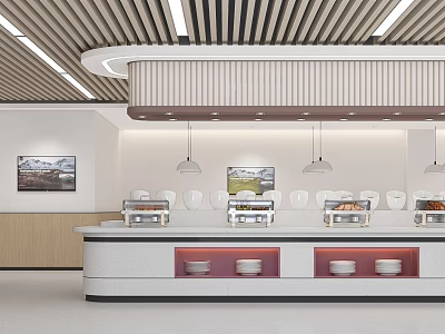 Modern Restaurant Interior With Buffet Counters Pendant Lights And Wall Paintings 3d model
