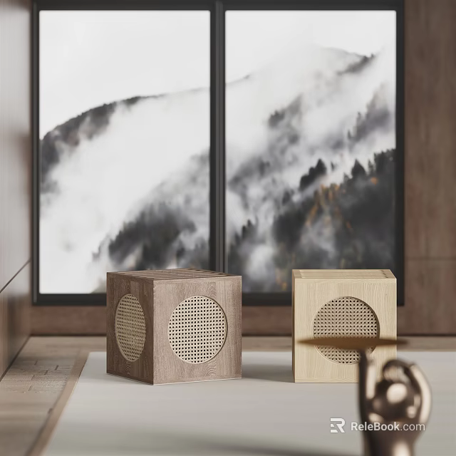 Two Cube Shaped Wooden Stools With Woven Design Light And Dark Brown Tones 3d model