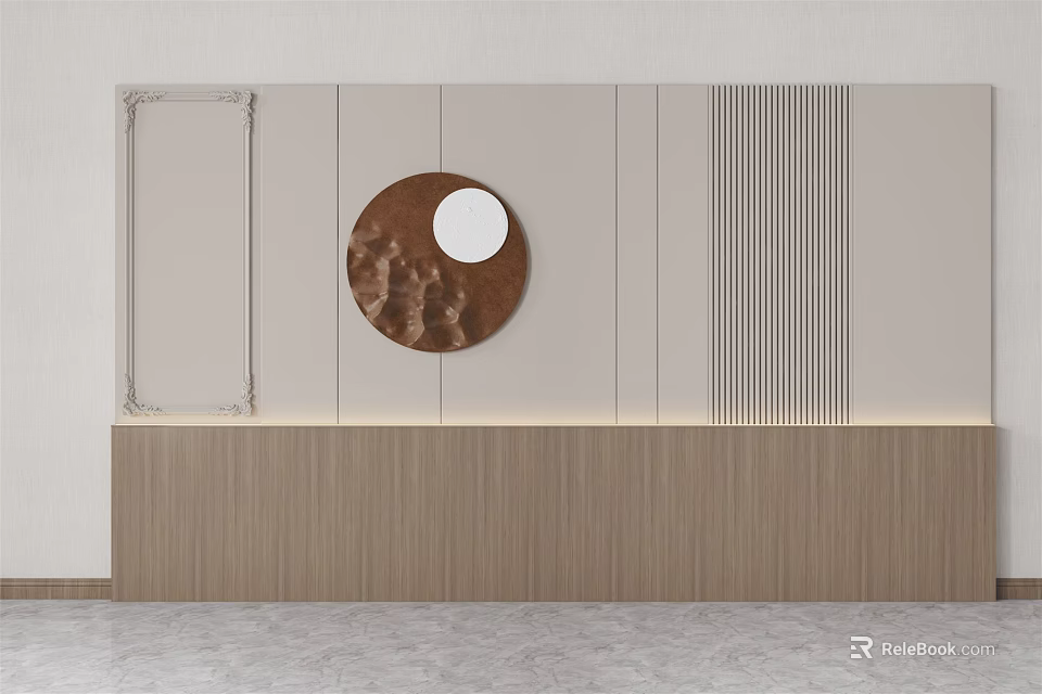 Modern Sofa Backdrop Wall With Circular Decor And Striped Panels 3d model