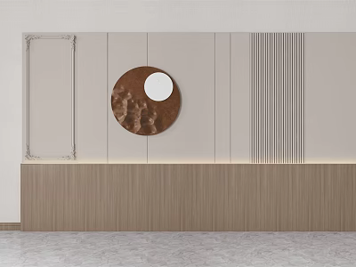 Modern Sofa Backdrop Wall With Circular Decor And Striped Panels 3d model