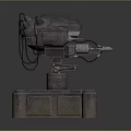 Mechanical Metallic Weapon With Vintage Industrial Base And Red Eye Structural Details