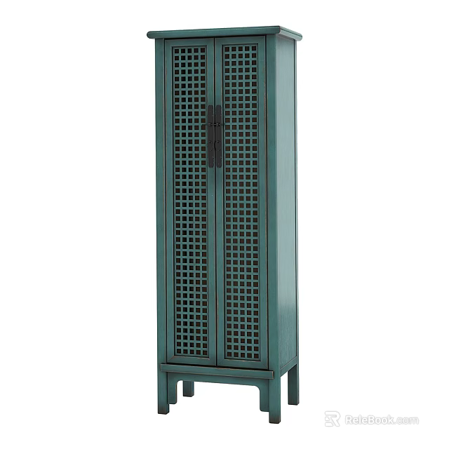 Teal Tall Standing Wardrobe With Lattice Door Design And Wooden Frame Legs Structure 3d model 