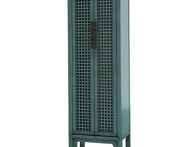 Teal Tall Standing Wardrobe With Lattice Door Design And Wooden Frame Legs Structure 3d model
