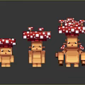 Three Pixel Style Game Characters With Red White Spotted Mushroom Caps And Orange Bodies