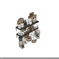 Stylish Kitchenware Arranged on Dark Wooden Shelf with White Containers Dishes and Coffee Maker