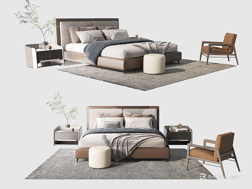Elegant Modern Double Bed Interior With Bedside Table Armchair Rug And Pillows 3d model