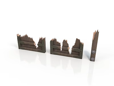 Three Dark Brown Broken Wooden Fence Sections With Weathered Edges And Green Moss 3d model