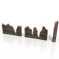 Three Dark Brown Broken Wooden Fence Sections With Weathered Edges And Green Moss