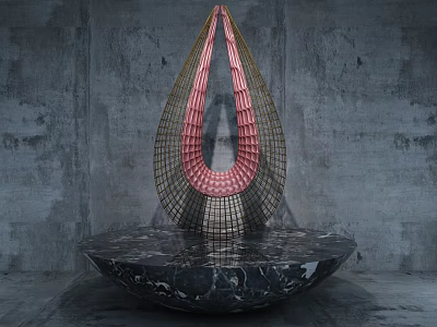 Decorative Ornament Set Teardrop Golden Mesh Pink Inner And Black Marble Base On Gray Concrete 3d model