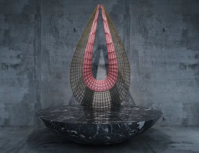 Decorative Ornament Set Teardrop Golden Mesh Pink Inner And Black Marble Base On Gray Concrete 3d model