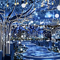 Luxurious Blue Runway With Curved Designs Gold Lines White Lights and Flower Decorations