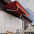 Modern Villa Balcony With Red Awning White Sofa Coffee Table And Green Plants