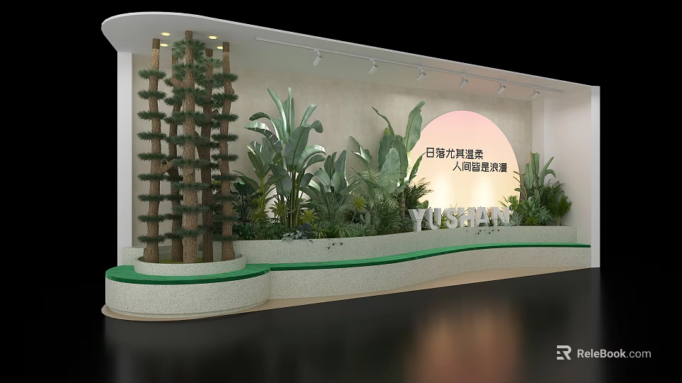 Floral Art Installation With Ship Style Flower Wall And Large Green Plant Decorations 3d model 
