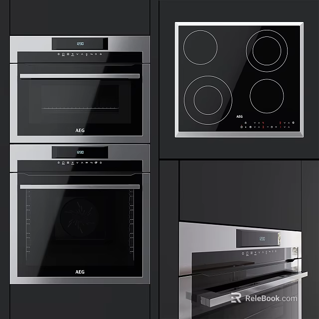 Modern Sleek Kitchen Appliances With Built in Ovens Induction Cooktop And Black Cabinets 3d model 