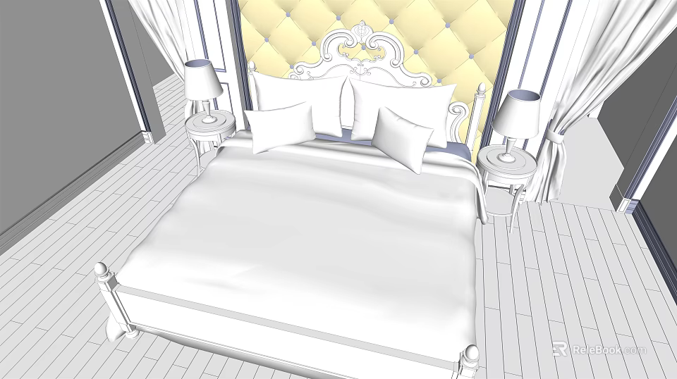 Elegant Background Double Bed With Tufted Yellow Headboard Nightstands And Table Lamps 3d model 