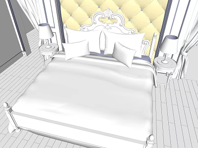 Elegant Background Double Bed With Tufted Yellow Headboard Nightstands And Table Lamps 3d model