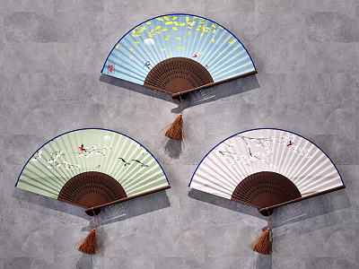 Hanging Decorative Fans In Blue Green White With Tassels As Wall Decor 3d model