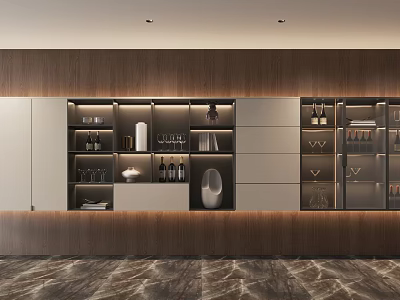Modern Wine Cabinet With Wooden Panels Glass Doors Interior Lighting And Display Shelves 3d model