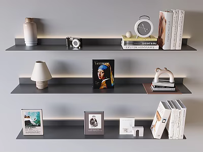 Modern Floating Shelving Unit With Books Photo Frames Camera Table Lamp And Vase 3d model