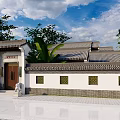 Chinese Style Detached Villa Courtyard With Wooden Railing Red Maple Tree And Traditional Architectural Elements