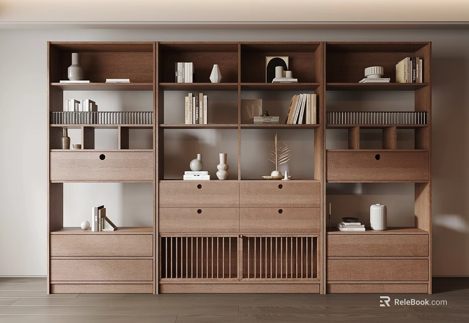 Modern Wooden Display Shelf With Multiple Compartments Drawers Showcasing Books Vases And Decorative Items 3d model 