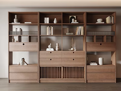 Modern Wooden Display Shelf With Multiple Compartments Drawers Showcasing Books Vases And Decorative Items 3d model