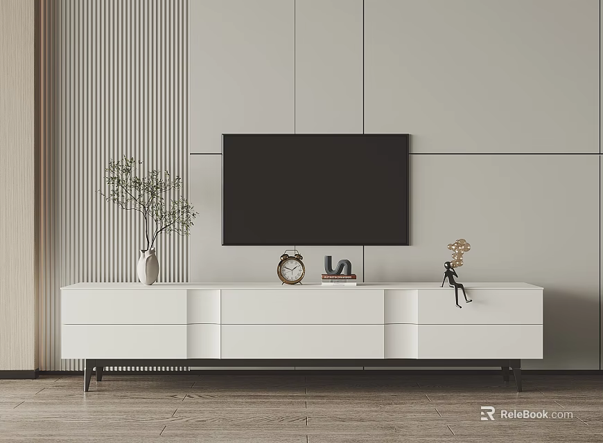 Modern White TV Stand Design With TV Decorations And Gray Wall Wooden Floor 3d model 
